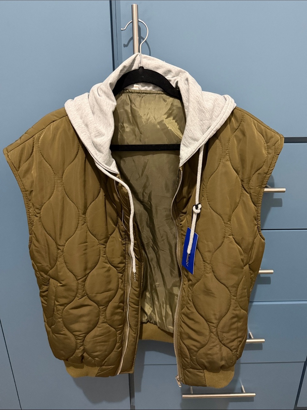 Quilted Olive Green Hooded Vest with Grey Hood